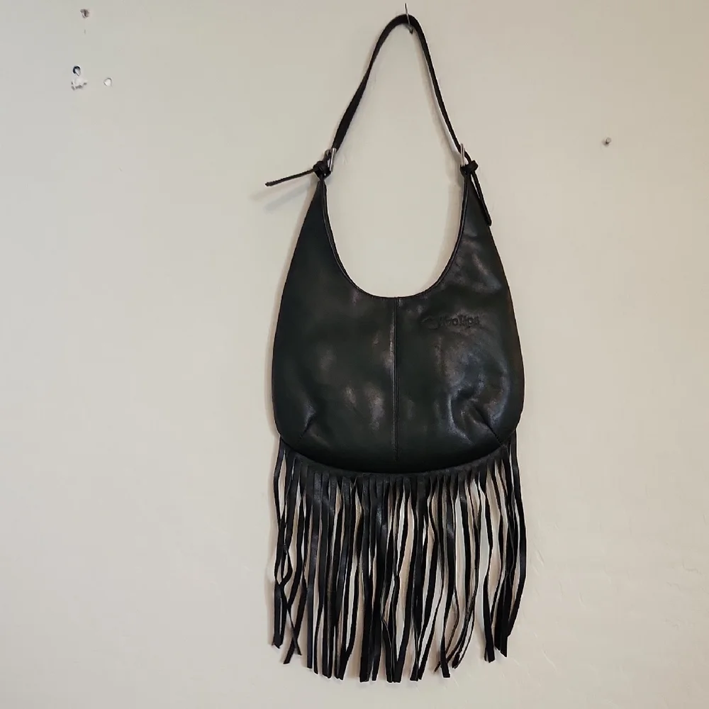Two Lips Black Leather Fringe Hobo Bag